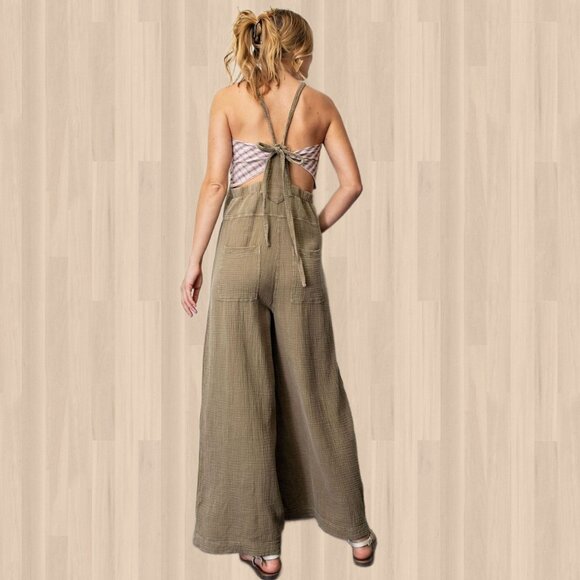 EASEL "Here I Am" Mineral Washed Wide Leg Jumpsuit Adjustable Tie Straps Pockets - Picture 5 of 16